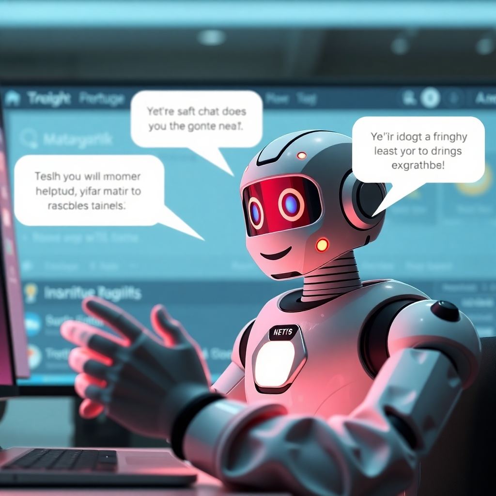 A photorealistic image showcasing a user interacting with a friendly and helpful chatbot interface on a website. The chatbot should appear as a friendly animated character with clear text bubbles showing a helpful and informative conversation. The background should showcase a clean and modern website interface.
