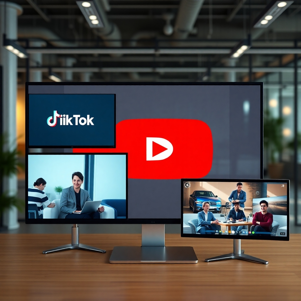 A photorealistic image showcasing diverse video content formats: a short, attention-grabbing TikTok-style video, a longer, high-quality YouTube tutorial, and a cinematic promotional video. Each video should be displayed on a different screen or device, representing various platforms. The background could be a modern, tech-savvy office or a creative workspace, emphasizing the strategic approach to video marketing.