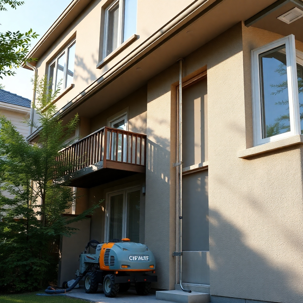 A photorealistic image showing a residential building undergoing renovations, with core drilling equipment being used discreetly and efficiently. The lighting should be natural and showcase the neatness of the process.  The style should be visually appealing while focusing on the precision of the work.