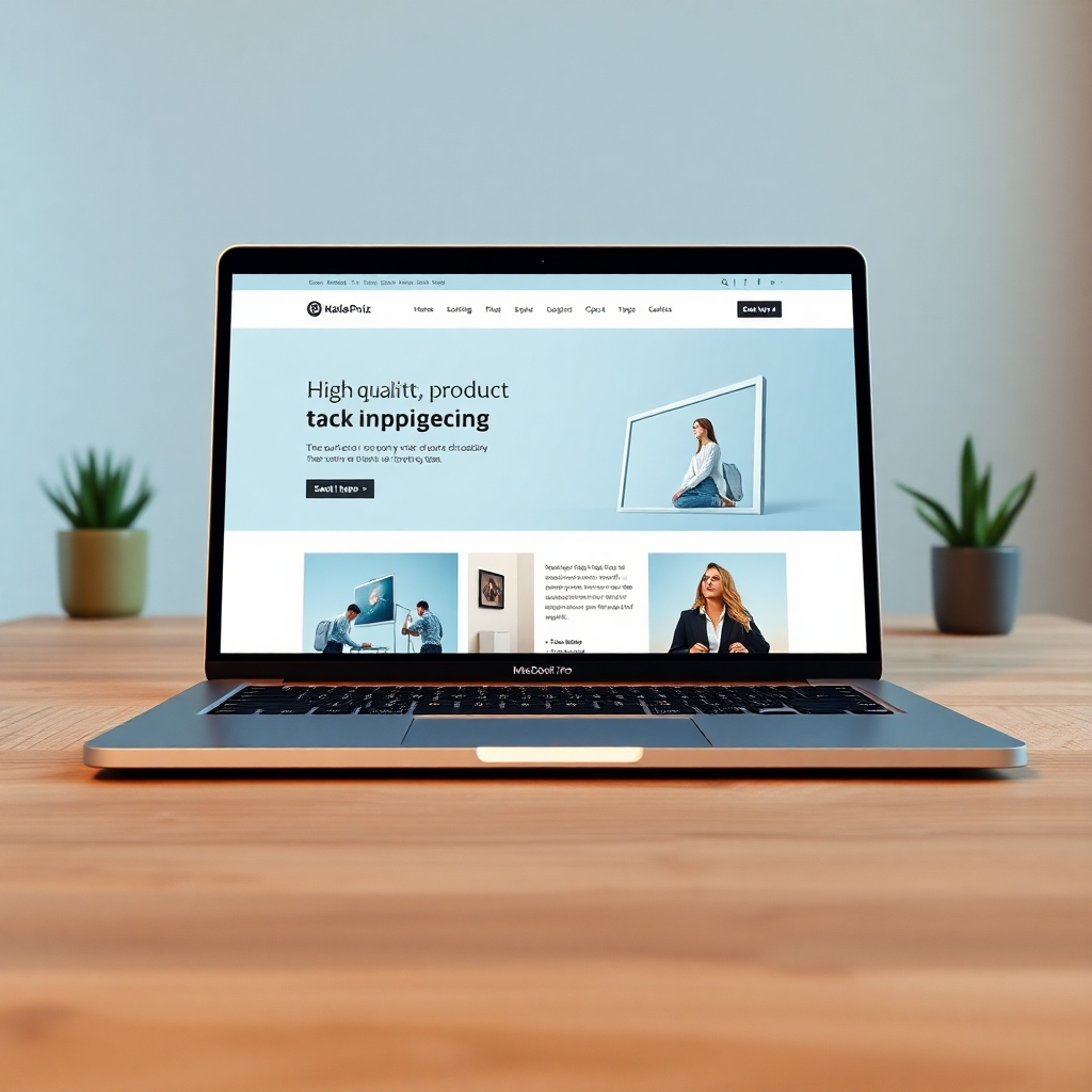 A photorealistic, ultra-high definition (8K) image depicting a modern, responsive website design on a sleek MacBook Pro. The website showcases a clean, minimalist design with high-quality product photography and engaging typography. Soft, diffused lighting illuminates the scene, creating a calm and professional atmosphere. The color palette is sophisticated and modern, using a combination of cool blues and warm grays. The camera angle is a slightly elevated perspective, looking down at the laptop screen. The texture of the aluminum laptop casing is highly detailed, with subtle reflections of light. The background is a minimalist workspace with a textured wooden desk and a few subtly placed office plants. The overall mood is professional, sleek and modern. The style should evoke a feeling of trust and sophistication, similar to the work of Annie Leibovitz or Peter Lindbergh, focusing on clean composition and excellent lighting.  The image should convey a feeling of innovation and success. The image should emphasize the seamless integration of technology and design, reflecting a sense of modernity and user-friendliness.