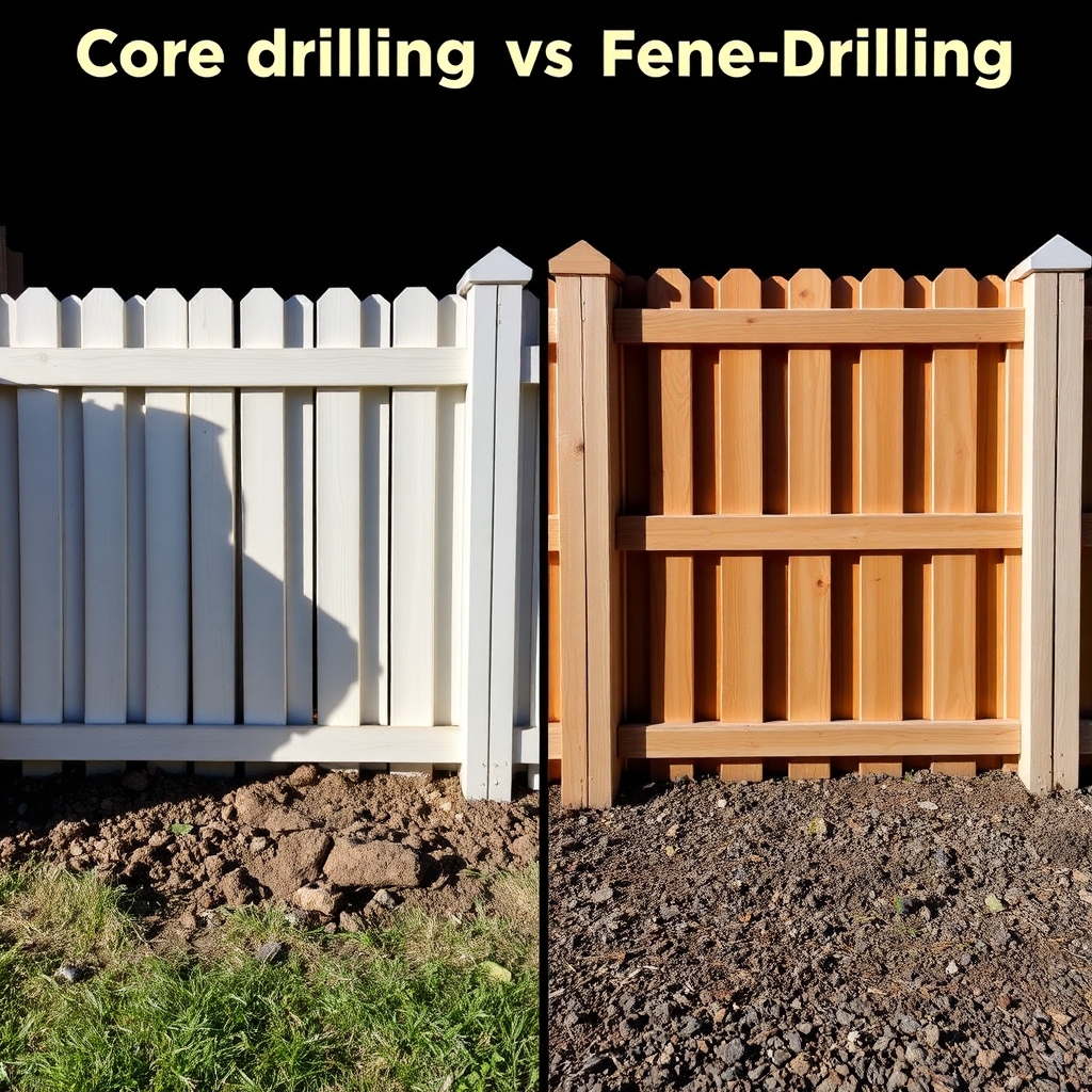 A split-screen image comparing a fence installed using core drilling versus a fence installed using traditional methods (e.g., digging and concrete). The core-drilled fence should appear sturdy and professionally installed, while the traditional fence appears less stable or visually appealing. The lighting should be different for each side, highlighting the advantages of core drilling. Camera angle is a medium shot.
