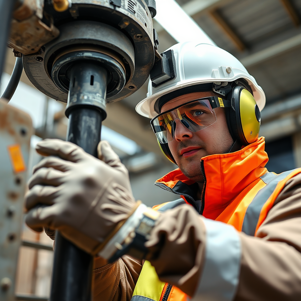 A worker wearing full safety gear (helmet, gloves, eye protection) operating a core drilling machine. The scene should convey a sense of alertness and adherence to safety protocols. The lighting should be bright and clear. The camera angle should be at eye level, showing the worker's focus and the surrounding work environment.