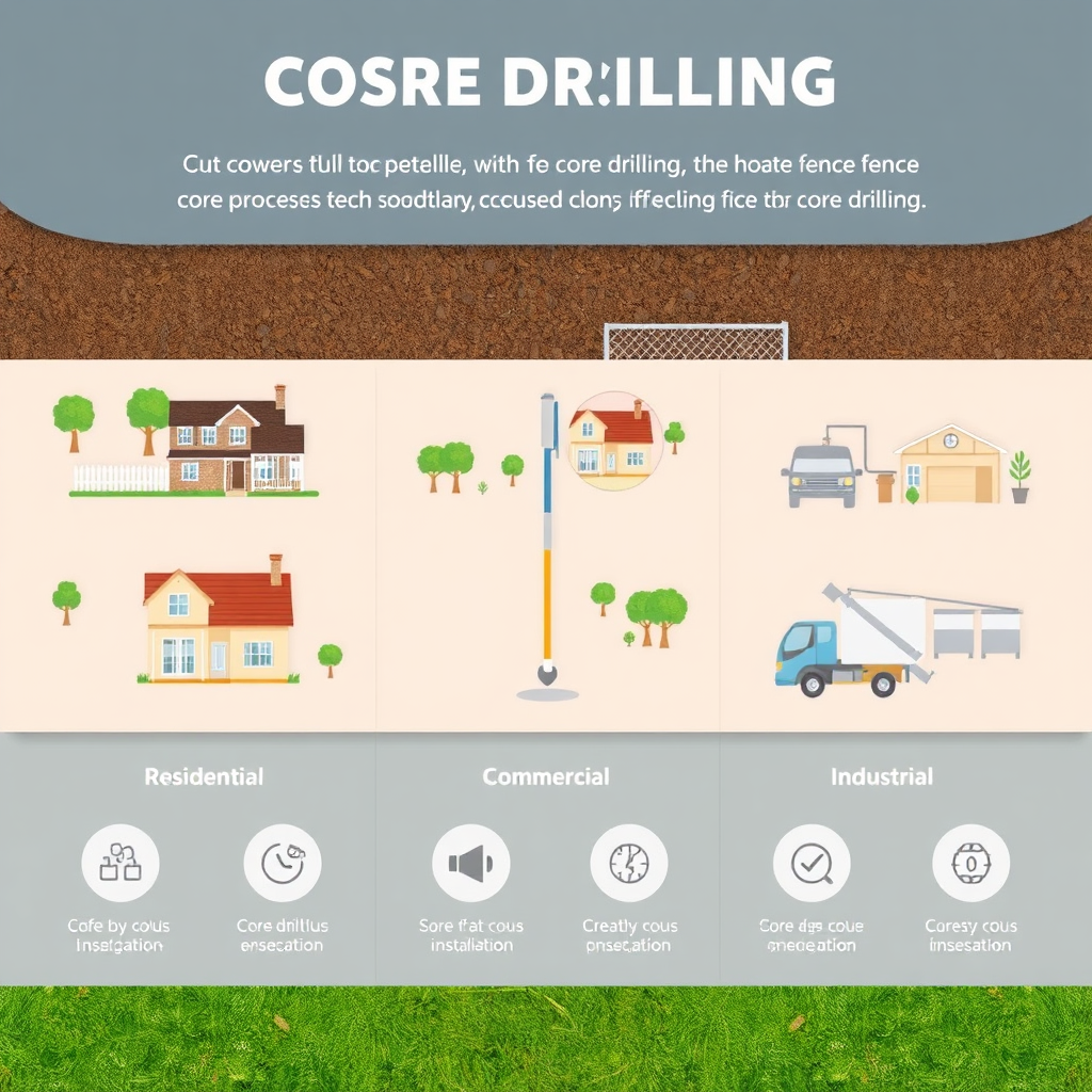 An image displaying an infographic that illustrates core drilling for fence installation in different scenarios like residential, commercial, and industrial settings. Use clear icons to represent each scenario. Use a pastel color scheme. The camera angle should be directly overhead to capture the entire infographic.