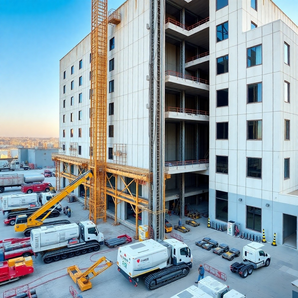 An image featuring a large commercial building undergoing core drilling, possibly with several machines operating simultaneously. The photo should display the efficiency and organization of the process. Use a high viewpoint to showcase the scale of the project and the technology used. Style references: Architectural and commercial photography.