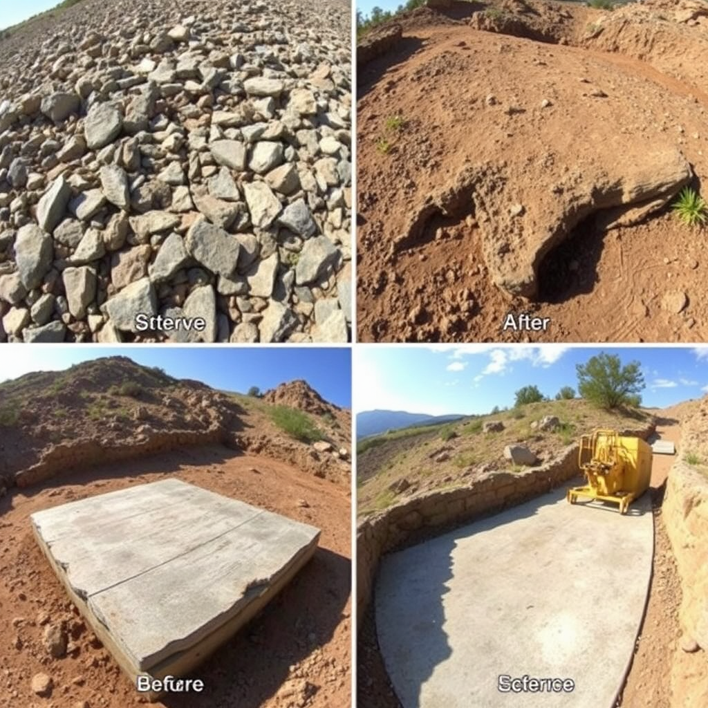 An image showing various terrains where core drilling is beneficial (e.g., rocky ground, uneven surfaces, existing concrete slabs). Use a wide-angle shot to capture the diversity of the landscapes. The lighting should be natural and highlight the challenges posed by each terrain.