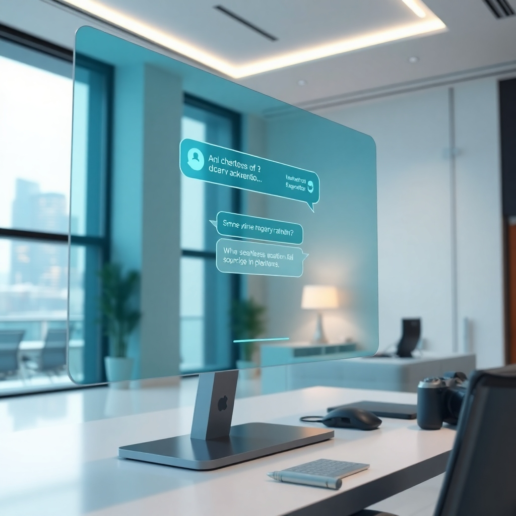 An ultra-detailed, hyperrealistic image of a futuristic AI chatbot interface displayed on a large, transparent holographic screen. The scene is set in a modern, minimalist office with soft, ambient lighting. The color palette is composed of cool blues, greens, and whites. The chatbot interface displays a friendly, conversational tone with a seamless user experience.  The background features blurred cityscapes visible through the large windows, hinting at a global reach.  The camera angle is a slightly low-angle shot, emphasizing the screen's size and dominance. The holographic screen displays a subtle, realistic shimmering effect and the surrounding environment has a soft, almost ethereal glow.  The scene evokes a feeling of innovation and futuristic technology. The texture of the screen and surrounding materials are highly detailed and realistic. Relevant props could include advanced tech gadgets, emphasizing a high-tech, cutting-edge ambiance. The image should be created in the style of Syd Mead, known for his futuristic designs; the style must be modern, clean and realistic.