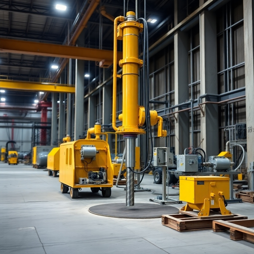 The image should focus on industrial settings where core drilling is vital. The photo should have a range of images of concrete core drilling in factories, power plants, and other industrial buildings. The lighting should be realistic and focus on the various equipment in use. Style references: Industrial photography focusing on the machinery and equipment.