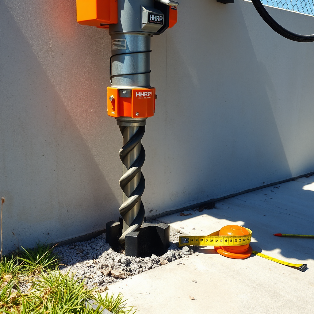 An 8K, hyperrealistic photograph depicting the process of fence core drilling by HHRP Core Drilling Solutions. The scene should showcase a powerful core drilling machine precisely boring a hole in concrete, with a partially installed fence post visible in the background. The lighting is bright and sunny, casting sharp shadows that highlight the texture of the concrete and the metallic sheen of the drill. The color palette should be dominated by grays and whites of the concrete, with pops of orange from the drill's safety features and green from the surrounding grass. The camera angle should be a low, wide shot emphasizing the power of the machinery and the precision of the work. Include elements such as safety cones, a measuring tape, and the HHRP Core Drilling Solutions logo subtly visible on the equipment. The overall style should be clean, professional, and convey a sense of reliability and expertise.