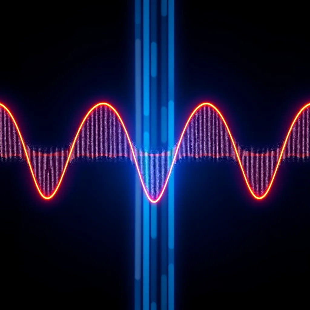A close-up illustration of a distorted sine wave, with the ideal sine wave overlaid in a lighter color, showing the distortion caused by harmonics. The background should be a dark blue, with glowing blue and orange lines representing electrical current flowing through a circuit.