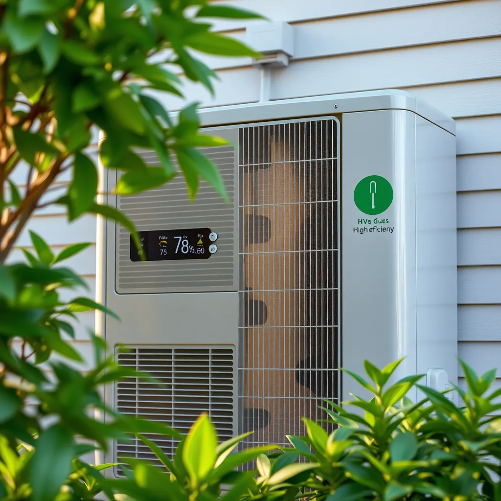 A close-up shot of a high-efficiency HVAC unit installed outside a home. The unit is sleek and modern, with a digital display showing energy usage and temperature settings. Lush greenery surrounds the unit, highlighting its eco-friendly nature.