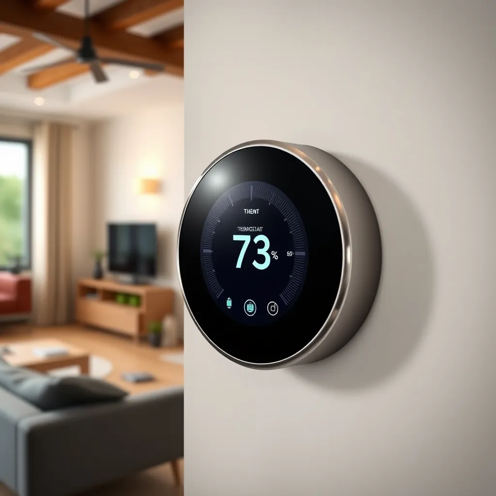 A close-up shot of a smart thermostat on a wall, showing the interface with temperature settings and energy-saving modes. The background should be a living room with comfortable furniture and soft lighting, highlighting the thermostat's role in creating a pleasant home environment.