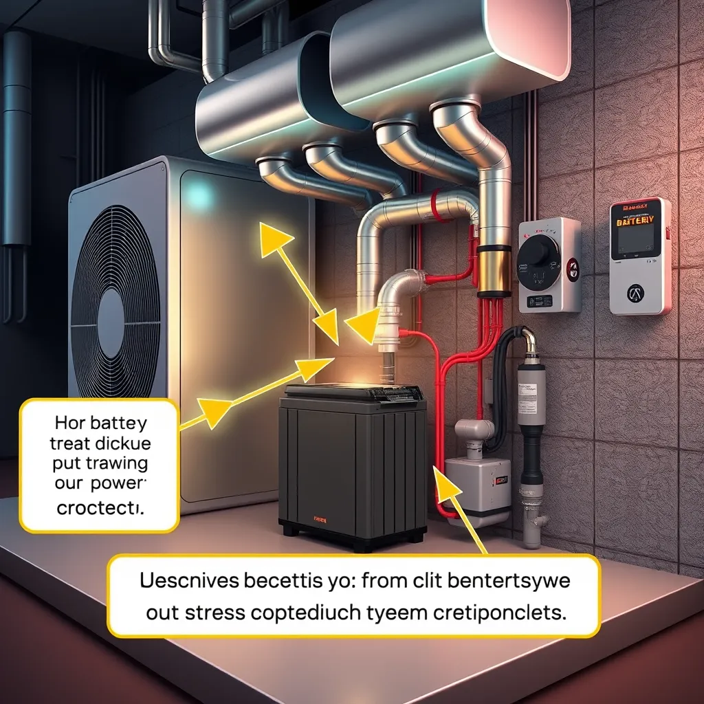 A detailed illustration of an HVAC system with a backup battery connected. Highlight the improved efficiency with arrows and labels explaining how the battery helps smooth out power fluctuations, reducing stress on the system components.  Use vibrant colors and clear visual cues for a compelling illustration.