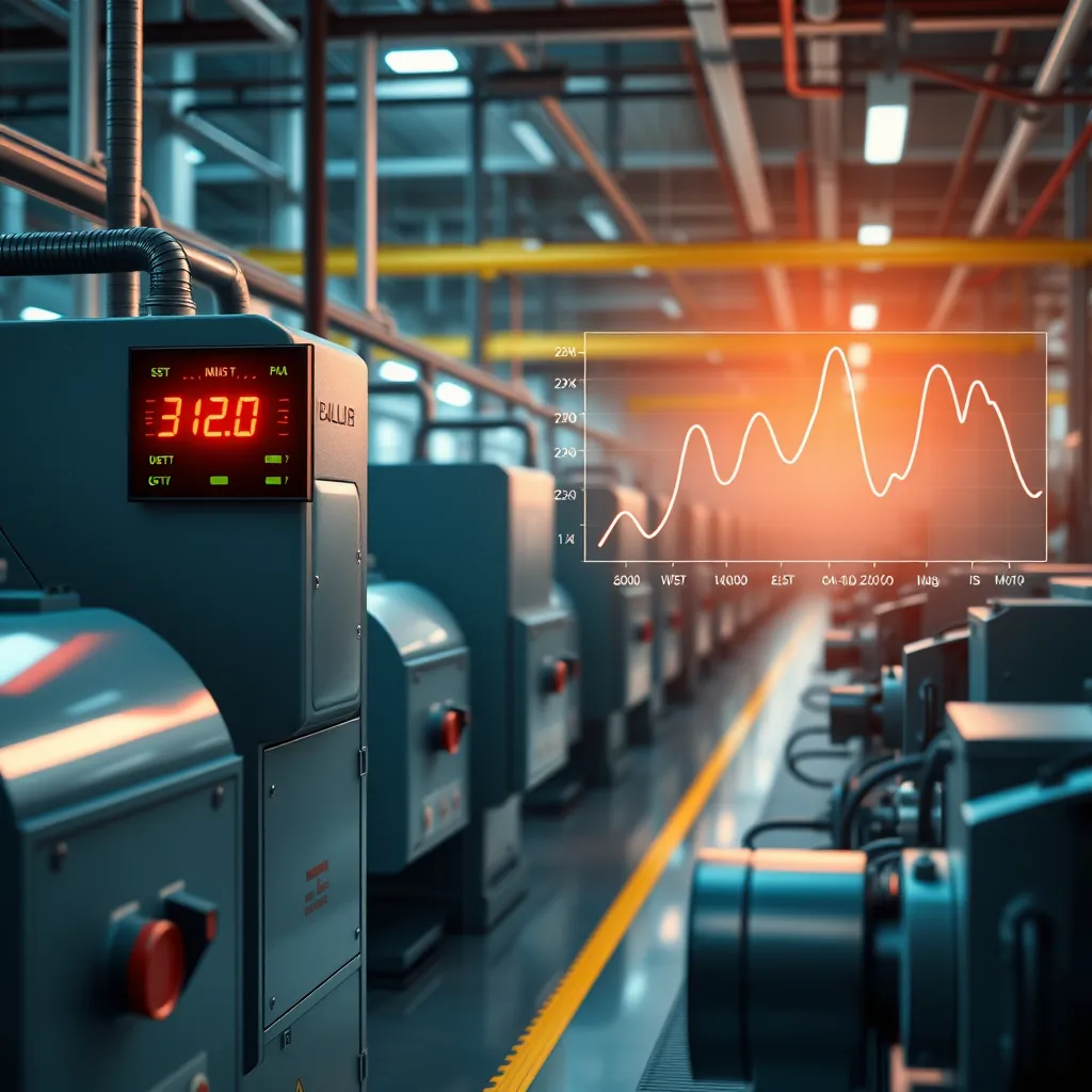 A diagram of a factory with several machines running. One machine is highlighted, showing a large, flashing red indicator for its power consumption. In the background, a graph shows a spike in energy consumption coinciding with the machine's operation, indicating harmonic distortion.
