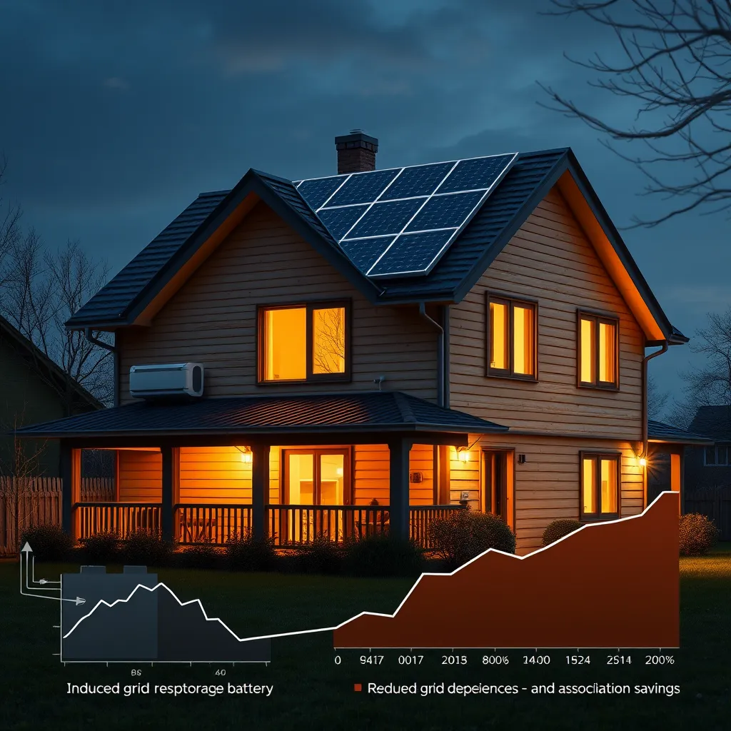 A house with a solar panel system on the roof connected to a backup battery. The house is brightly lit, showcasing the battery's energy storage capacity.  Include a graph or chart illustrating the reduced grid dependence and associated cost savings.