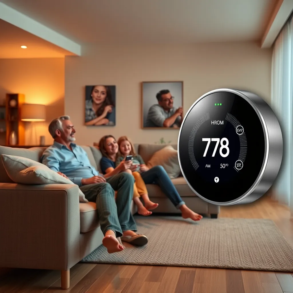 A living room with a family relaxing on a comfortable couch. The temperature is ideal, and the family is dressed comfortably. In the background, a sleek smart thermostat with customizable settings displays the room temperature. The image should convey a sense of personalized comfort and convenience.