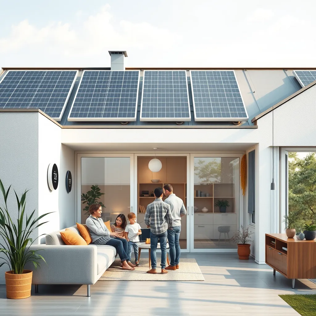 A modern, minimalist home with solar panels on the roof and a smart thermostat on the wall. The interior is bright and airy, with a family enjoying a comfortable temperature inside. The image should convey a sense of energy efficiency and sustainability.