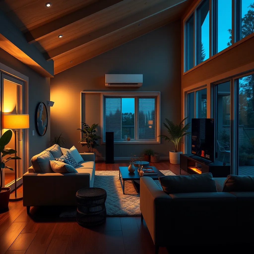 A modern home with a comfortable living room, showcasing a functional HVAC system, illuminated by a backup battery during a nighttime power outage. The room should be warm and inviting, with soft lighting coming from the backup battery. Emphasize the sense of peace and comfort despite the outage.