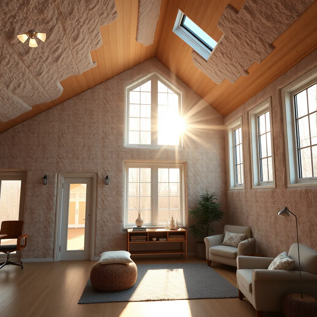 A modern home with well-insulated walls, attic, and windows. Sunlight streams through the windows, illuminating the cozy interior. The image should emphasize the insulation materials and their effectiveness in keeping the house comfortable.