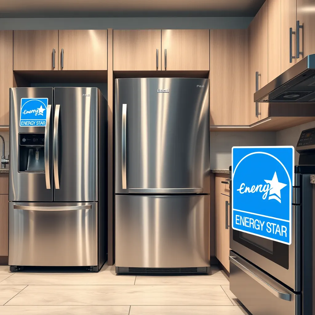 A modern kitchen with stainless steel appliances, including a refrigerator, dishwasher, and oven, all displaying the Energy Star logo. The image should showcase the sleek design and energy efficiency of these appliances, highlighting their impact on reducing energy consumption.