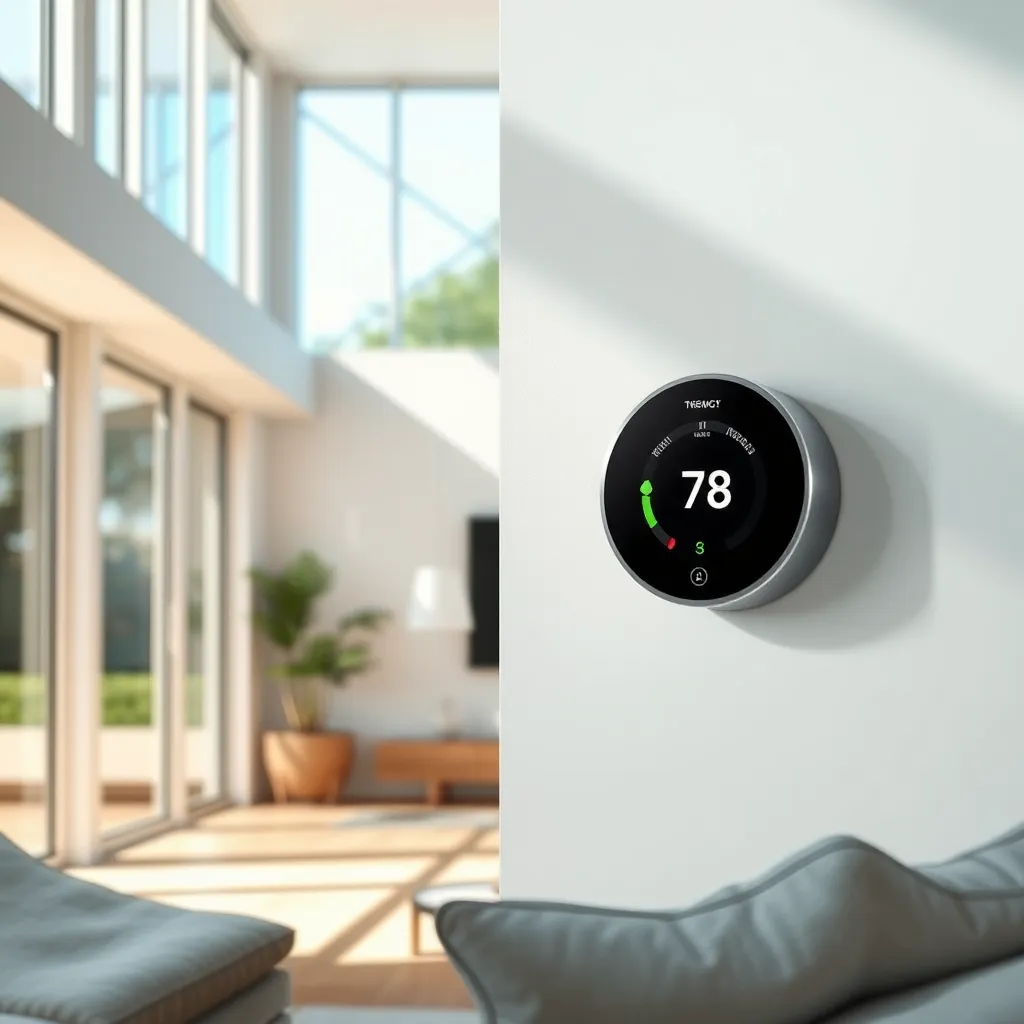 A modern living room with a sleek smart thermostat on the wall. The thermostat screen displays a comfortable temperature and a green leaf icon indicating energy savings. Sunlight streams through large windows, highlighting the energy efficiency of the home.