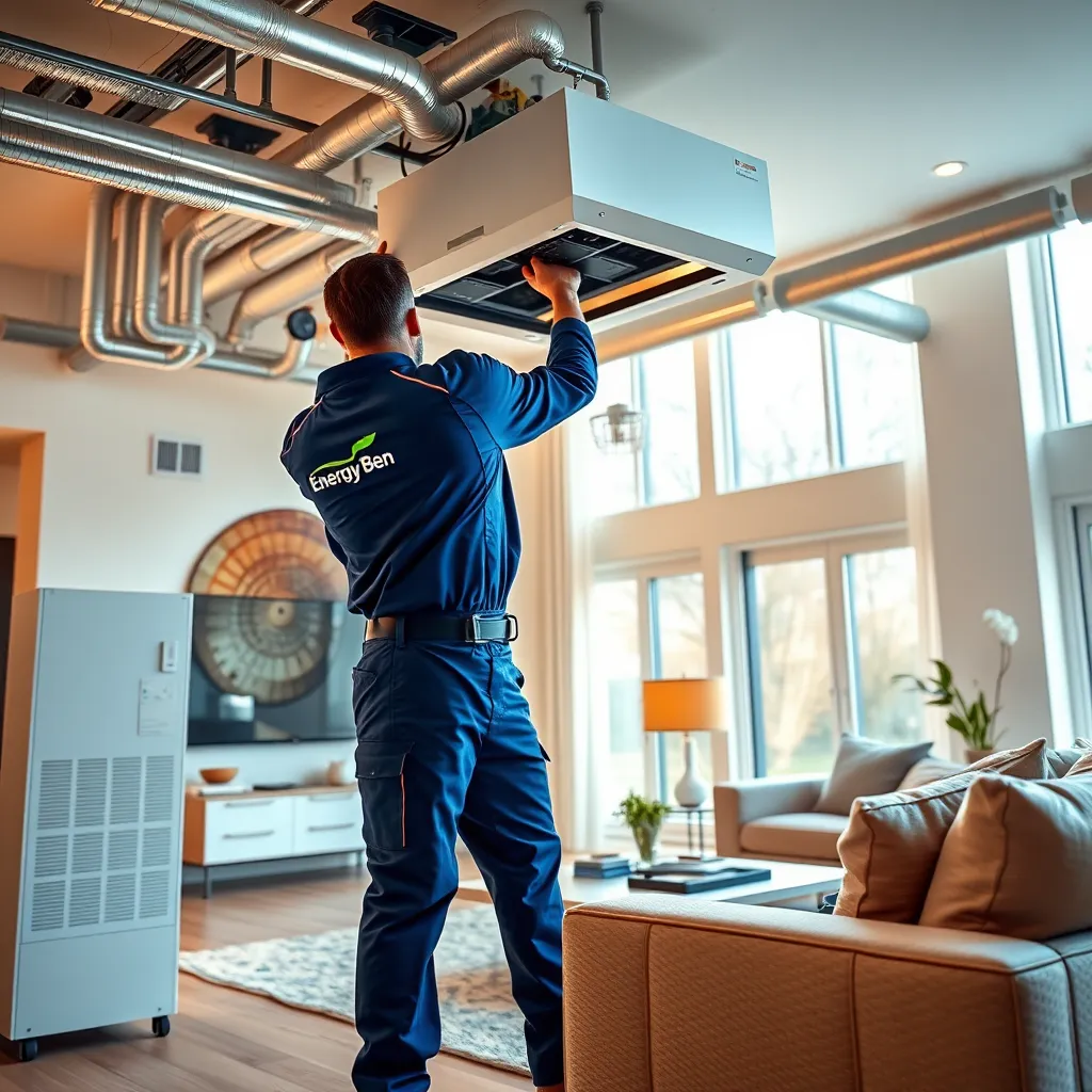 A photorealistic image depicting the meticulous installation of a new high-efficiency HVAC system in a spacious living room. The scene focuses on the skilled technician, wearing a blue uniform with the 'Energy Ben' logo, carefully connecting the components of the system, showcasing the precision and expertise involved. The image features a clean and bright color palette, with warm, natural lighting highlighting the details of the installation process. The background should showcase a modern and stylish living room, featuring comfortable furniture, large windows, and minimalist décor. The image should be captured from a dynamic angle, conveying a sense of movement and progress. The details of the HVAC system, including the air handler, ductwork, and thermostats, should be depicted with high-fidelity realism. The image should evoke a sense of confidence and professionalism, emphasizing the importance of a well-installed HVAC system for optimal comfort and energy efficiency.