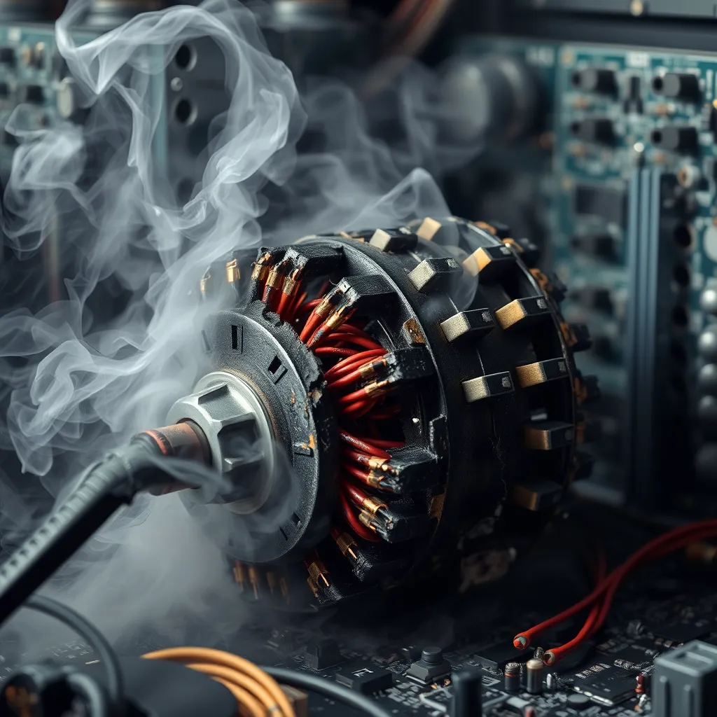 A photorealistic image of a burned-out electric motor with wires exposed, surrounded by smoke. In the background, a close-up view of a circuit board shows several components that have been damaged by electrical overloads due to harmonics.