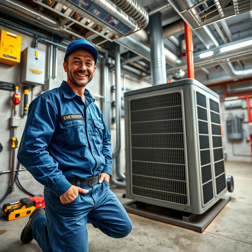 A photorealistic image of a confident Energy Ben technician, wearing a blue uniform and 'Energy Ben' logo, smiling at the camera while performing maintenance on a high-tech air conditioning unit. The image should be shot from a low angle, emphasizing the professionalism and expertise of the technician. The scene should be set in a well-maintained basement, featuring clean concrete floors, neatly organized tools, and safety equipment. The lighting should be bright and clear, illuminating the details of the air conditioning unit and the technician's tools. The air conditioning unit should be a modern and sleek model, showcasing advanced features and energy efficiency. The image should depict a sense of security and reliability, conveying the message that Energy Ben provides prompt and professional maintenance and repair services.  The background should feature a modern HVAC system, with pipes, ducts, and other equipment that highlight the technical aspects of the work. The image should be 8K resolution, with ultra-realistic details, showcasing the intricacies of the air conditioning unit and the technician's work.