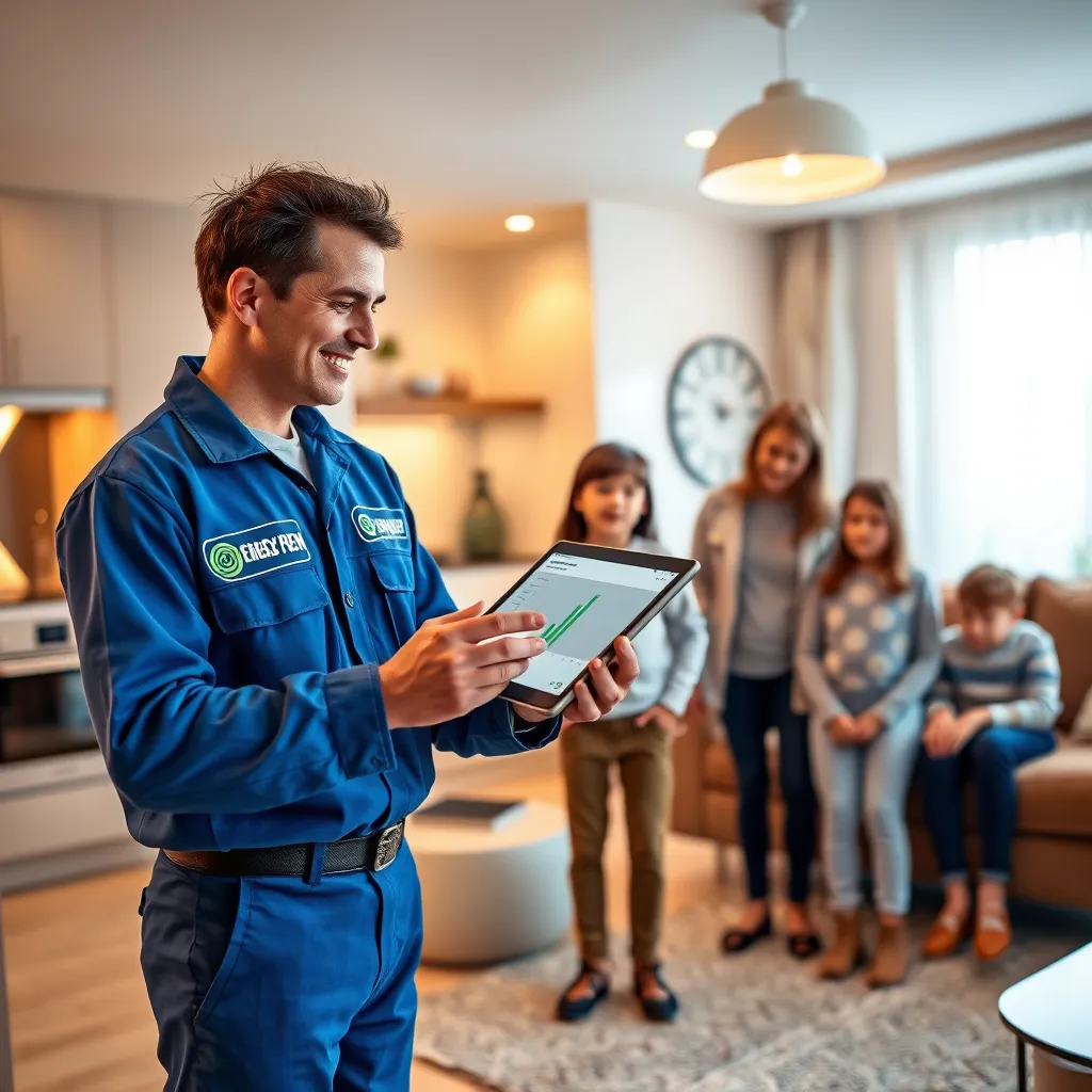 A photorealistic image of a friendly Energy Ben technician, dressed in a blue uniform with the 'Energy Ben' logo, conducting an energy audit in a modern living room. The technician is holding a tablet showing energy usage data, while a family looks on with interest. The lighting is warm and inviting, creating a comfortable and informative atmosphere. The image should convey a sense of trust and expertise, emphasizing the benefits of an energy audit.  The background should include elements of a modern home, such as sleek appliances, eco-friendly features, and energy-efficient lighting. The image should be 8K resolution, hyperrealistic, with detailed textures and materials, capturing the intricate details of the environment and characters.  The composition should be balanced, with the technician and family positioned naturally within the living room. The image should evoke a sense of professionalism and reassurance, emphasizing the importance of energy efficiency and sustainability.