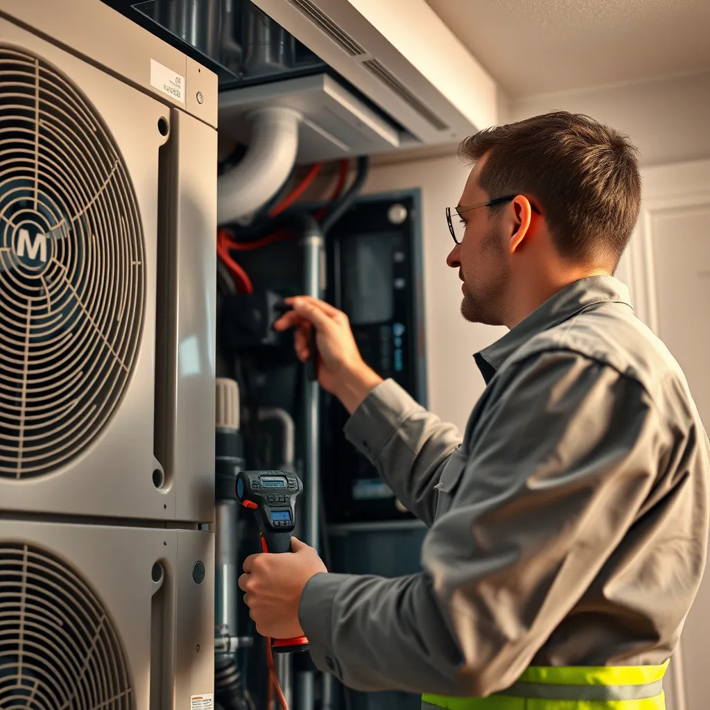 A technician inspecting a high-tech HVAC system in a home. The technician is wearing a uniform and is using tools to check the system's functionality. The image should convey a sense of professionalism and reliability, highlighting the importance of regular maintenance.