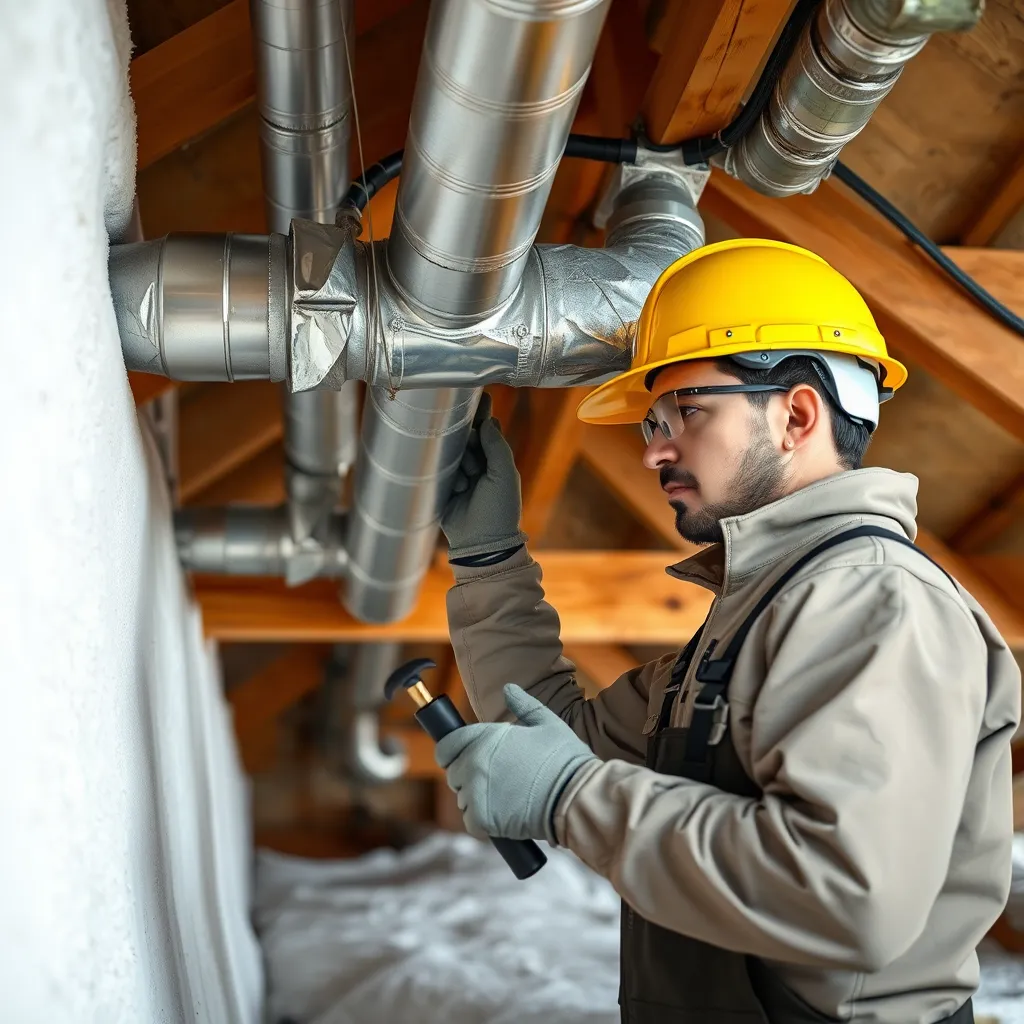 A technician inspecting ductwork inside an attic. The ductwork is well-insulated and sealed, ensuring efficient airflow and minimizing energy loss. The technician is wearing protective gear and using specialized tools for inspection.