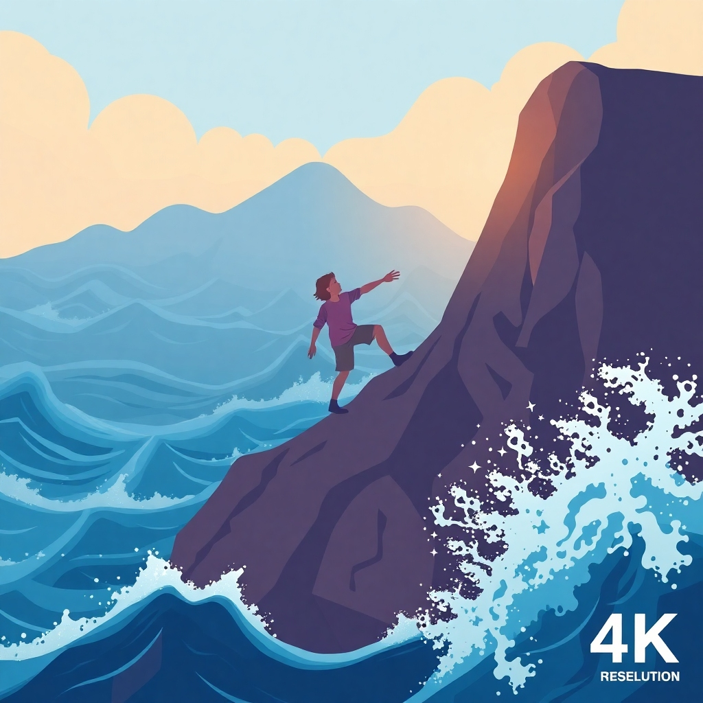 A stylized image depicting a person overcoming an obstacle, like climbing a mountain or navigating a stormy sea.  The colors represent resilience and hope.  4K resolution, stylized.