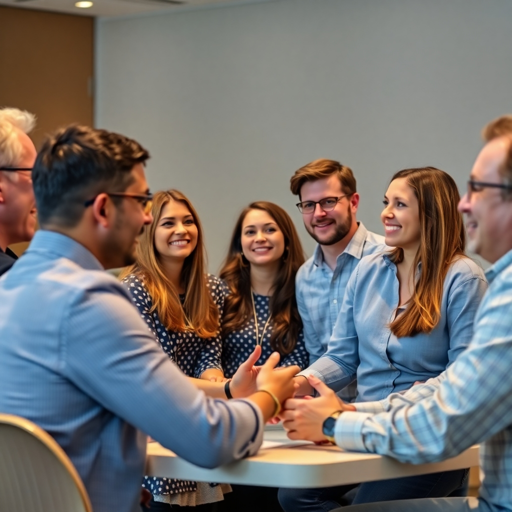 An image of a group of people actively participating in a workshop, with positive body language and interaction.  4K resolution.