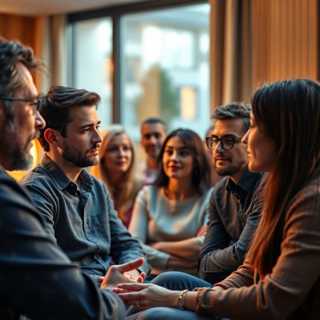 An image of a group of people engaged in active listening, with warm lighting and comfortable surroundings, focusing on non-verbal communication such as eye contact and body language. 4K resolution, photorealistic.