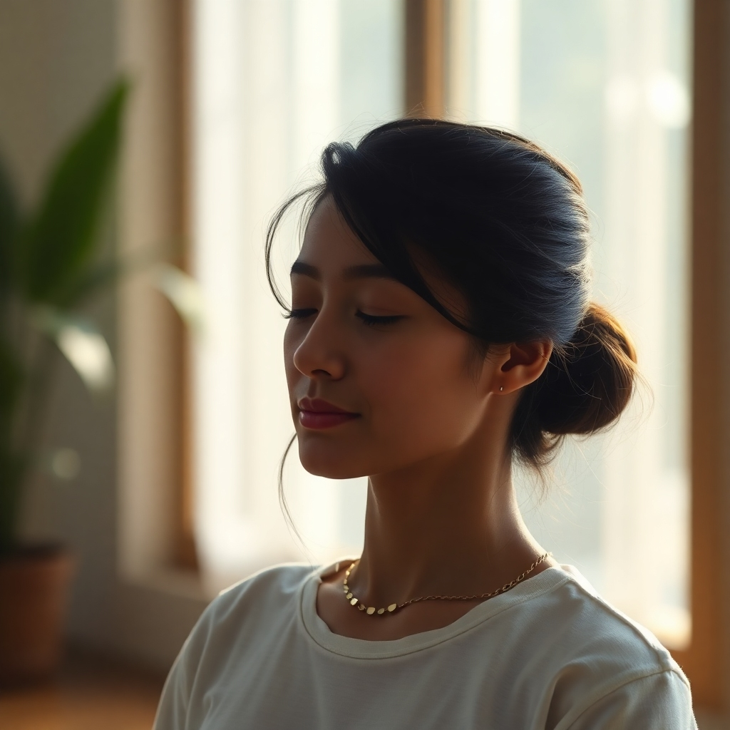 An image of a person practicing mindfulness, maybe meditation or yoga, with soft lighting and peaceful surroundings.  4K resolution, photorealistic.