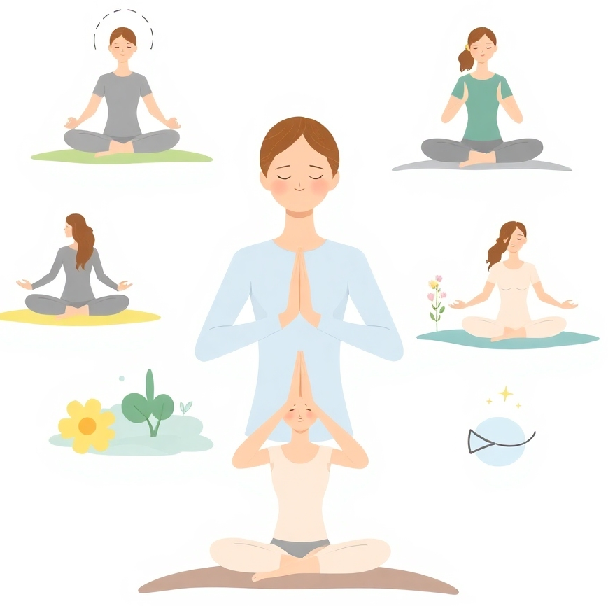 An image portraying various techniques for stress management, such as deep breathing exercises, yoga poses, or spending time in nature.  4K resolution, illustrative or photorealistic style, focus on tranquility and calm.