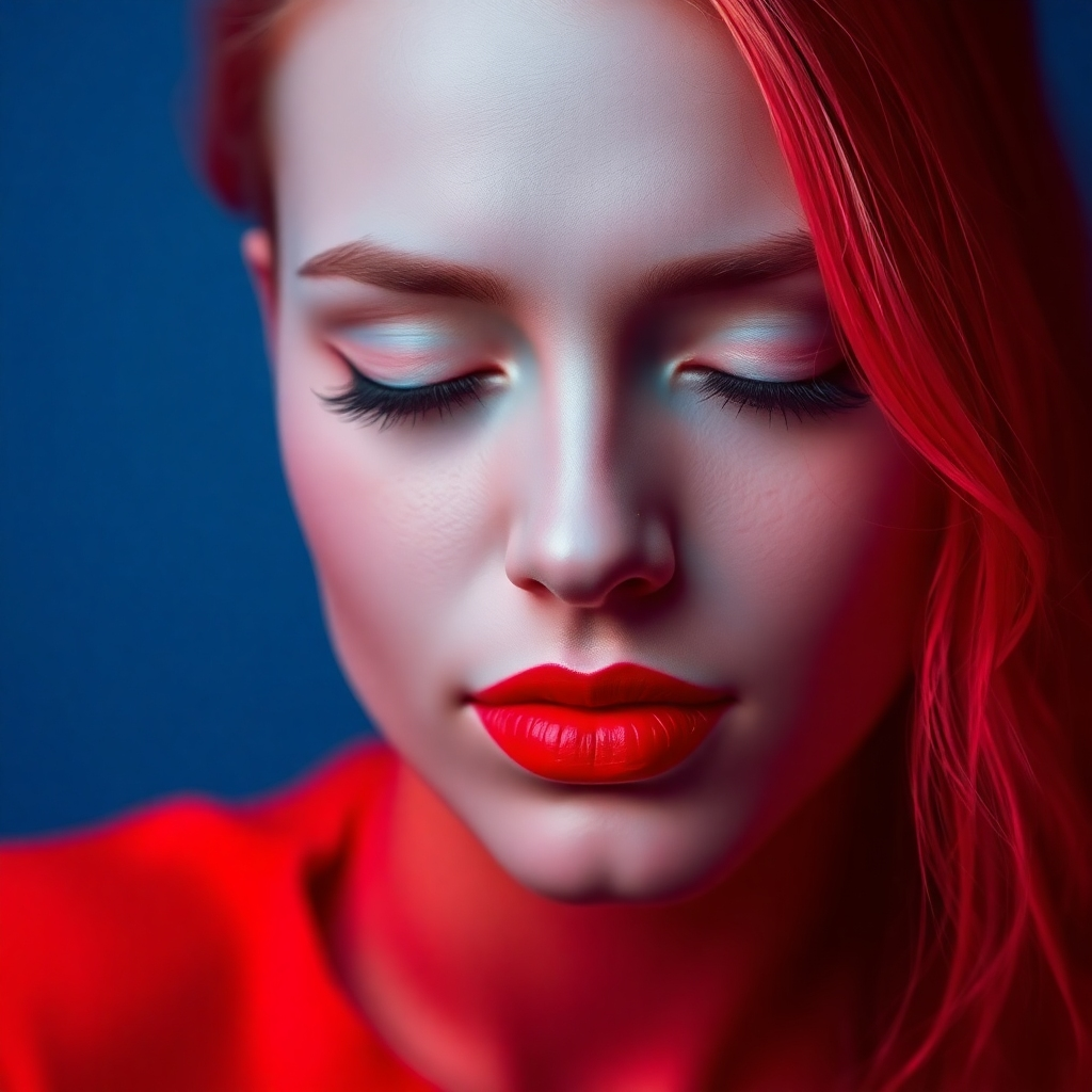 An image using color symbolism; calming blue for calmness and red for passion, suggesting controlled emotions. 4k resolution, stylized.