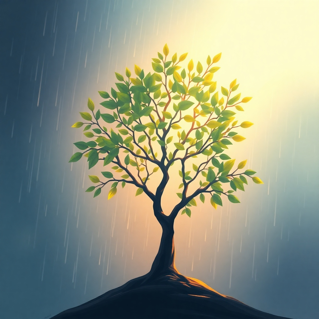 Create a 4K resolution image depicting a stylized representation of emotional growth.  Use a symbolic approach – perhaps a tree growing strong through various weather conditions, representing resilience. The light should be soft and hopeful, with a color palette ranging from deep blues and greens to warm oranges and yellows. The image should have a calm, contemplative mood.  The camera angle should be from a slightly low angle, looking upward toward the tree, suggesting upward growth and potential. The texture should be smooth, with subtle details in the leaves and branches to evoke the intricate nature of emotional growth.  The style should be painterly or illustrative, invoking a sense of both realism and symbolic representation.  The image should be inspirational, signifying the journey of emotional growth and self-discovery.