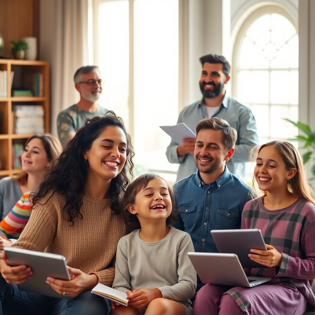 Create a photorealistic, ultra-high quality 8K resolution image.  The image should depict a diverse group of people – adults, teens, and children – engaged in various activities representing emotional well-being. A warm, inviting light bathes the scene, creating a feeling of calmness and hope. The color palette is soft and natural, with muted earth tones and pops of bright, joyful colors.  One person could be meditating peacefully in a quiet home setting; another could be confidently presenting at work; a child could be laughing with friends at school; and a family could be joyfully celebrating together at church. The camera angle should be slightly high, offering an inclusive perspective. The composition balances activity and serenity, with soft focus on the background to highlight the individuals in the foreground.  Textures should be lifelike, reflecting the diverse environments – the warmth of wood in a home, the sharp lines of an office building, the brightness of a classroom, and the serene architecture of a church.  Props such as books, laptops, and religious symbols subtly enhance the scene, emphasizing the different settings.  The style should evoke a sense of realism and positivity, similar to the work of contemporary photographers known for their evocative portraits. The overall feeling should inspire hope, resilience, and the strength to navigate emotional challenges.