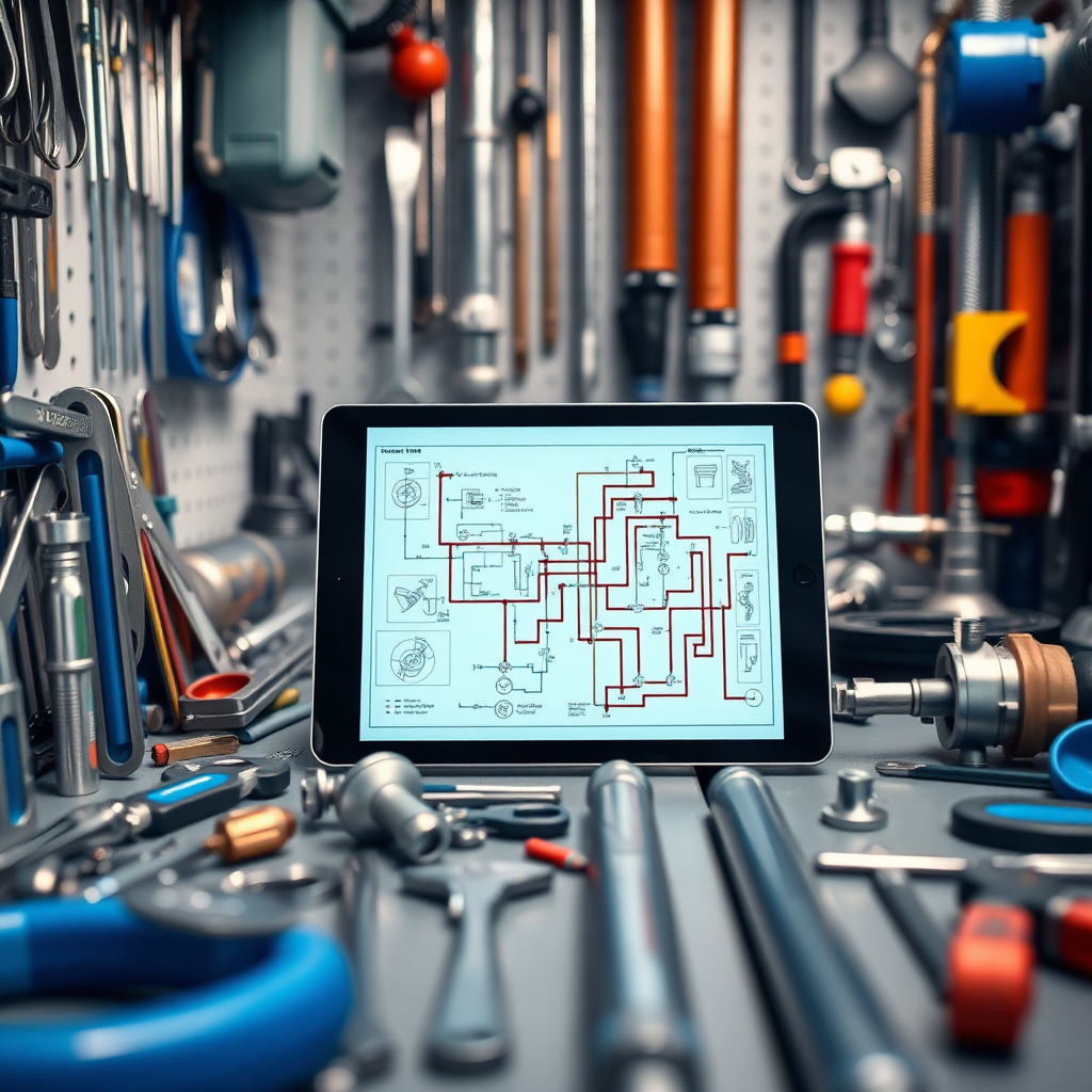 Create a photorealistic, ultra-high-quality 8K hero image for 'Jason Lezama's Plumbing & Maintenance Limited'. The scene should depict a split view: one side showcasing a modern commercial building with subtly visible pipework, and the other, a cozy residential home. A central, brightly lit area should feature a skilled plumber (mid-30s, friendly expression) examining detailed plumbing blueprints with digital enhancements highlighting flow and design. In the background, a state-of-the-art water pump is partially visible. The overall color palette leans towards professional blues, grays, and whites, accented by the warm tones of the residential setting. Camera angle: slightly low, emphasizing scale and expertise. Style reference: blend the crispness of architectural photography with the human element of skilled craftsmanship. Texture details: focus on the metallic sheen of pipes, the smooth surfaces of modern fixtures, and the worn texture of the blueprints. Lighting: natural light mixed with professional studio lighting to bring out depth and detail. Hyperrealistic rendering is crucial.