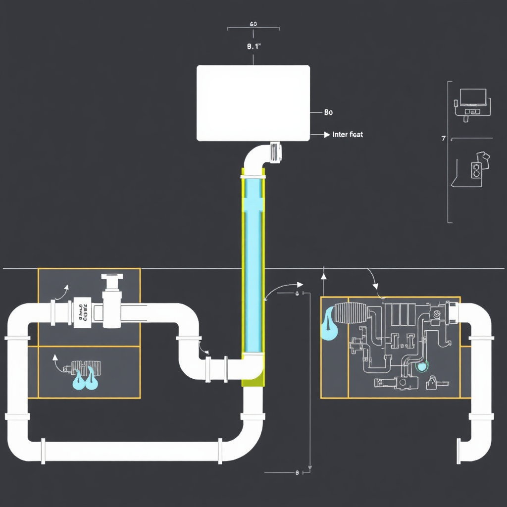 A digital rendering of plumbing blueprints, with highlighted sections showing water flow and system design. The style is technical and precise.