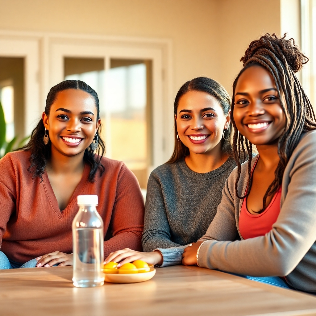 Create a photorealistic, ultra-high quality 8K resolution image for a header.  The image should depict a diverse group of three to four individuals (20s-50s) of varying body types, smiling confidently, and looking directly at the camera. They should be positioned in a comfortable yet stylish, slightly posed setting – perhaps a bright, modern living room or a sunlit outdoor patio.  The lighting should be soft and natural, with a warm, inviting feel; think golden hour sunlight. The overall color palette should be vibrant yet calming, featuring muted earth tones and pops of bright, healthy colors (such as greens and oranges from fresh fruits and vegetables). The mood should be positive, energetic, and inspiring.  The camera angle should be slightly elevated, offering a flattering and approachable perspective.  Pay close attention to textures – soft, natural fabrics on clothes, the smooth surface of a wooden table, perhaps.  Include subtle details such as a water bottle, a healthy-looking snack, a fitness tracker, or a laptop subtly suggesting the online nature of the program. The style should evoke a clean, minimalist aesthetic similar to campaigns by companies like Peloton or Headspace, but with a slightly more mature and sophisticated feel. Include subtle background elements suggesting wellness and health, like plants or a panoramic outdoor view. The image must look hyperrealistic, with incredibly detailed skin texture and realistic hair, capturing an overall sense of vibrancy, health, and accomplishment.  The overall composition should be balanced and uncluttered, focusing on the individuals and their expressions of confidence and well-being., ultra high resolution, photorealistic, 8K, hyperdetailed, cinematic lighting