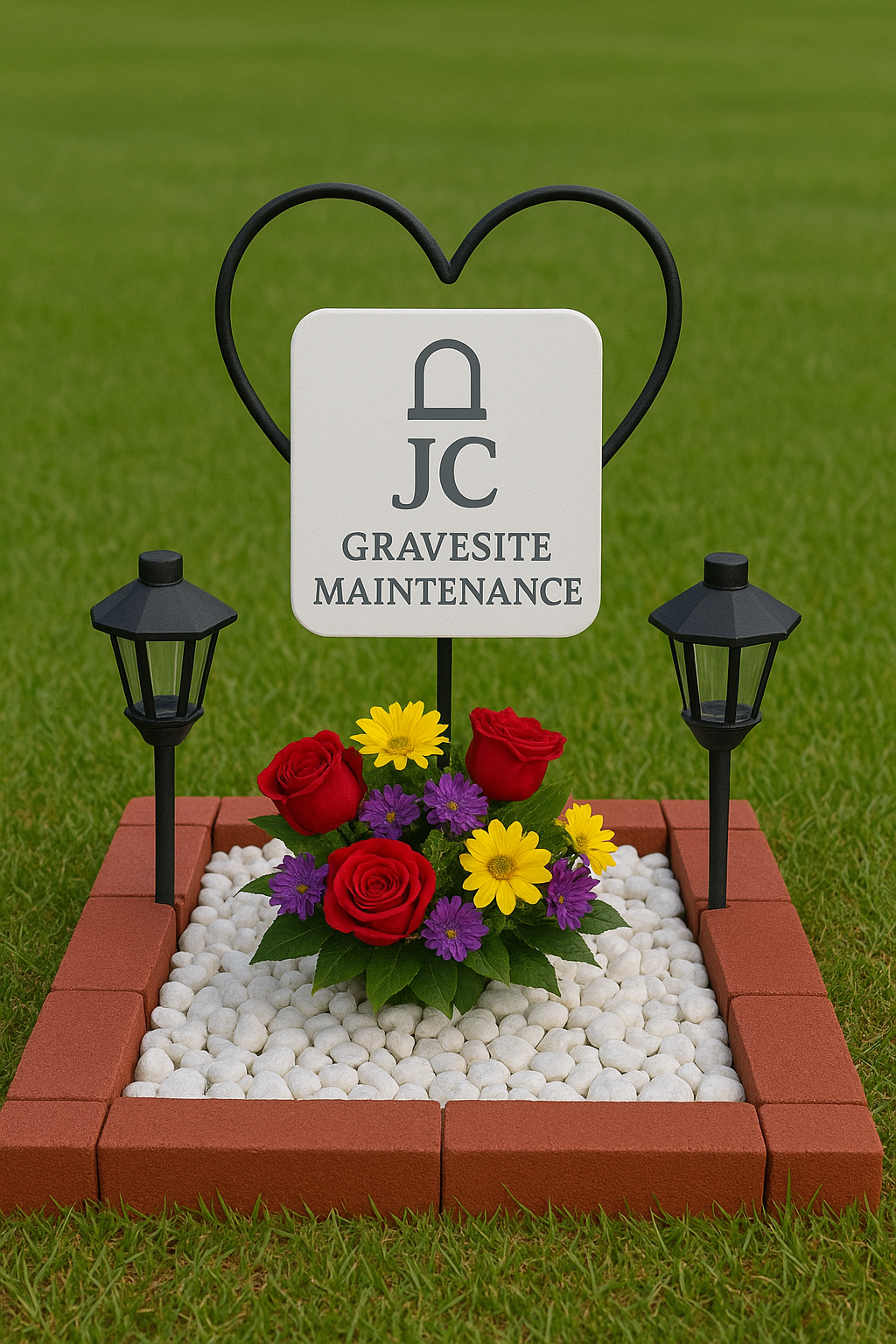 A photorealistic, ultra-high-quality 8K resolution image of a serene cemetery scene. The main subject is a meticulously maintained gravesite, adorned with vibrant, freshly arranged flowers. The headstone is clean and legible, reflecting soft, diffused sunlight. In the background, mature trees cast gentle shadows on the well-manicured lawn. The overall color palette is calming and respectful, with greens, blues, and floral hues predominating. Camera angle is a slightly low, wide shot, emphasizing the care and detail given to the gravesite and its surroundings. Texture details should be hyperrealistic, showing the fine grains of the stone, the delicate petals of the flowers, and the lushness of the grass. Props include gardening tools discreetly placed to the side, suggesting ongoing maintenance. Style reference: a blend of classical landscape painting and modern hyperrealism photography.
