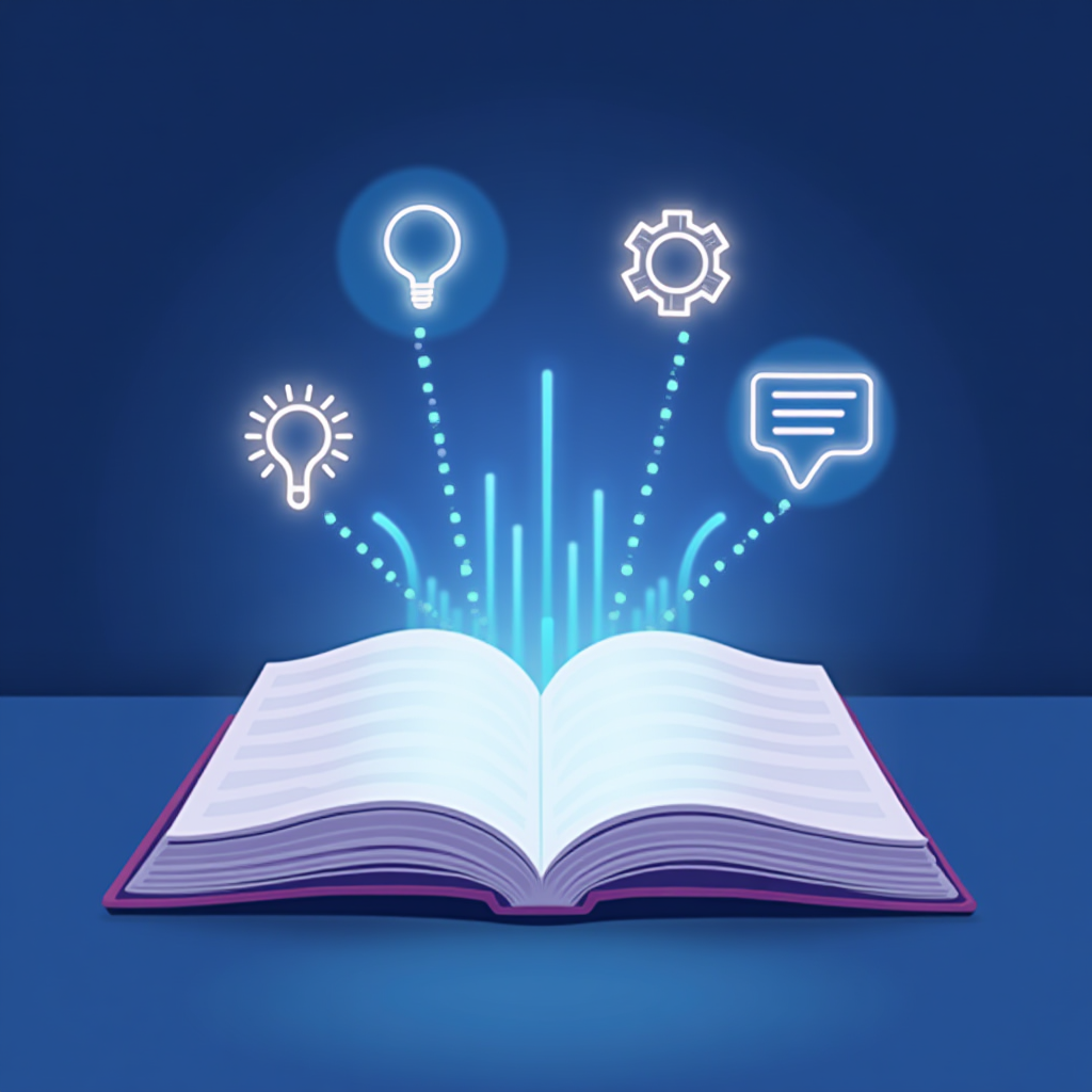 A stylized image featuring a guidebook with AI icons floating around it, representing comprehensive guides. The color palette is informative and engaging, with blues and greens.