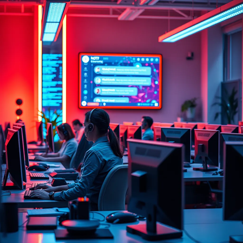 A brightly lit office with a team of support staff working on computers, with a large, glowing screen displaying a chatbot interface in the background. The scene should be bustling and energetic, with a sense of immediate responsiveness.