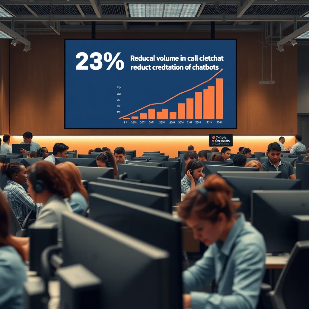 A bustling call center with a diverse group of agents answering calls. In the background, a large screen displays statistics showing a significant reduction in call volume thanks to the implementation of chatbots. The scene is filled with energy and activity, highlighting the efficiency and cost-effectiveness of using chatbots.