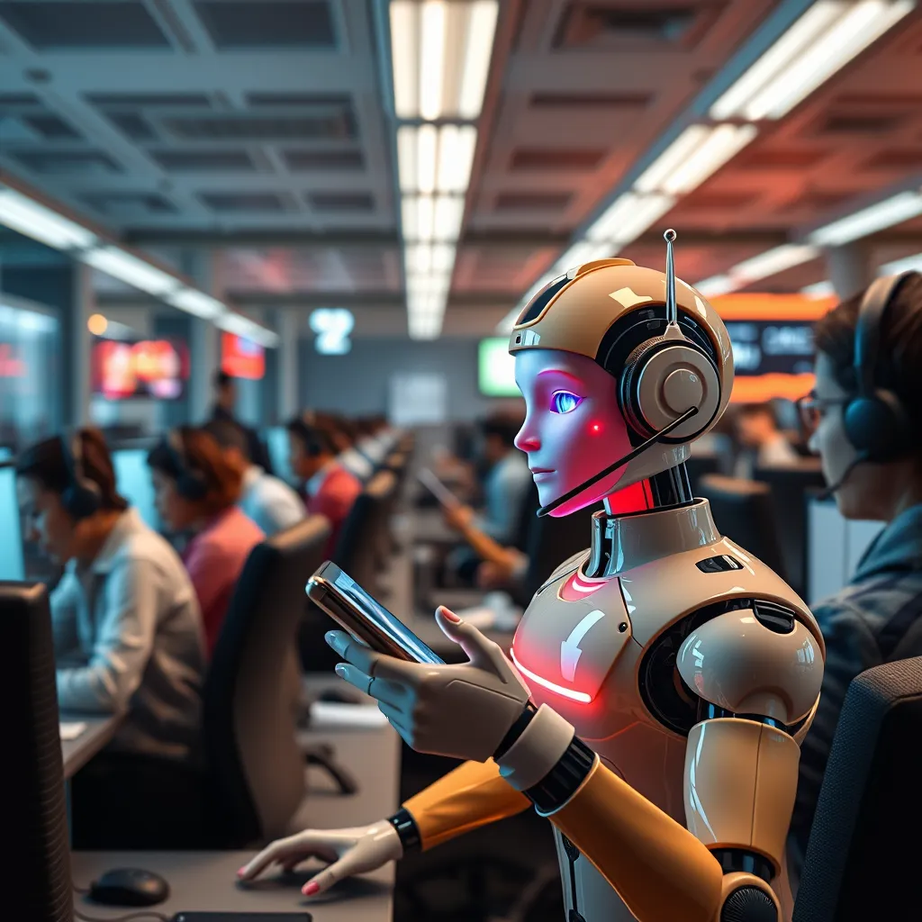 A bustling customer service center with a team of agents overwhelmed by calls. In the foreground, a brightly colored chatbot avatar interacts with a customer on a smartphone screen, providing quick and efficient solutions.