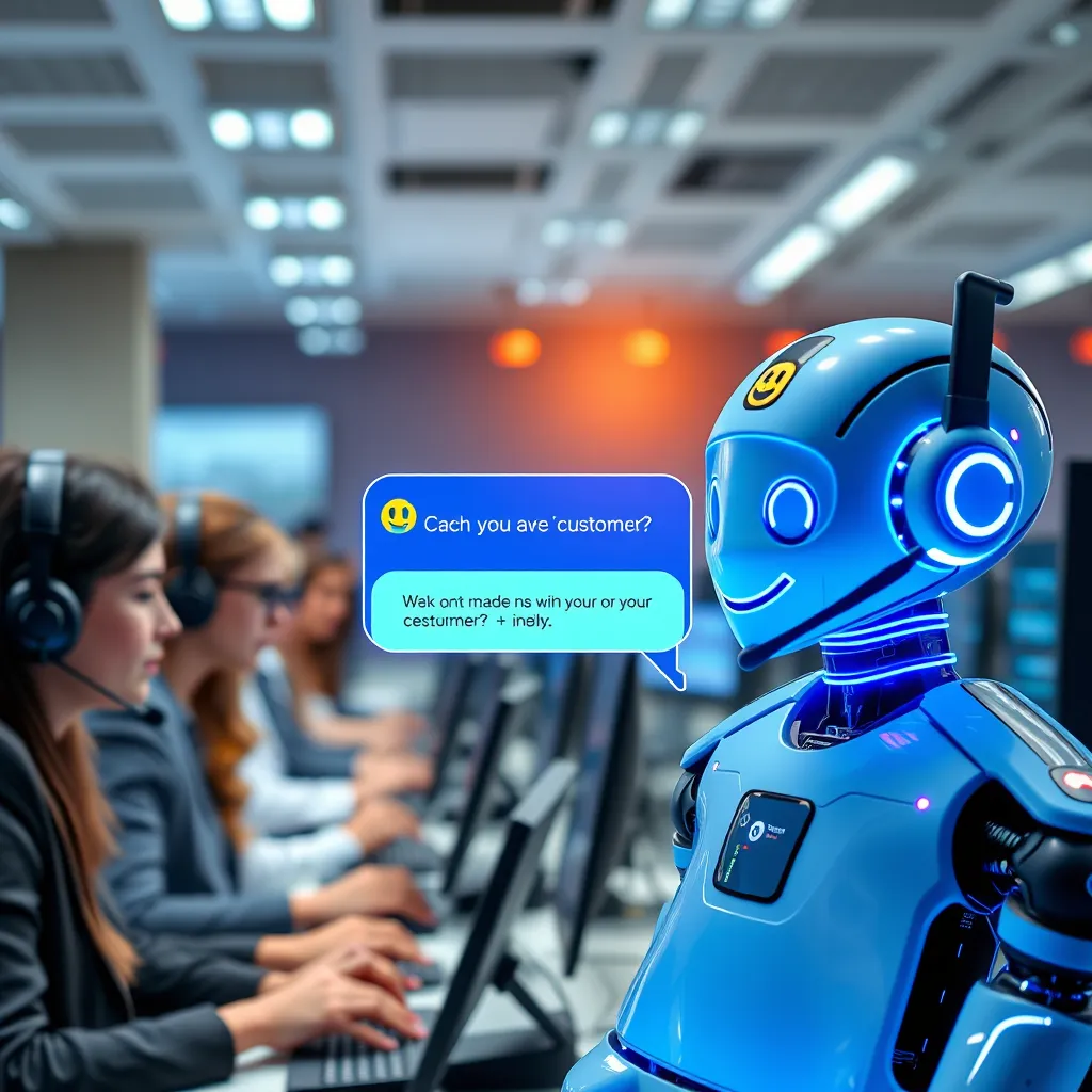 A busy call center with agents on headsets, but also a bright, futuristic chatbot interface in the background. The chatbot is responding to a customer inquiry with a smiling, helpful avatar. The image should highlight the contrast between traditional and automated customer service.