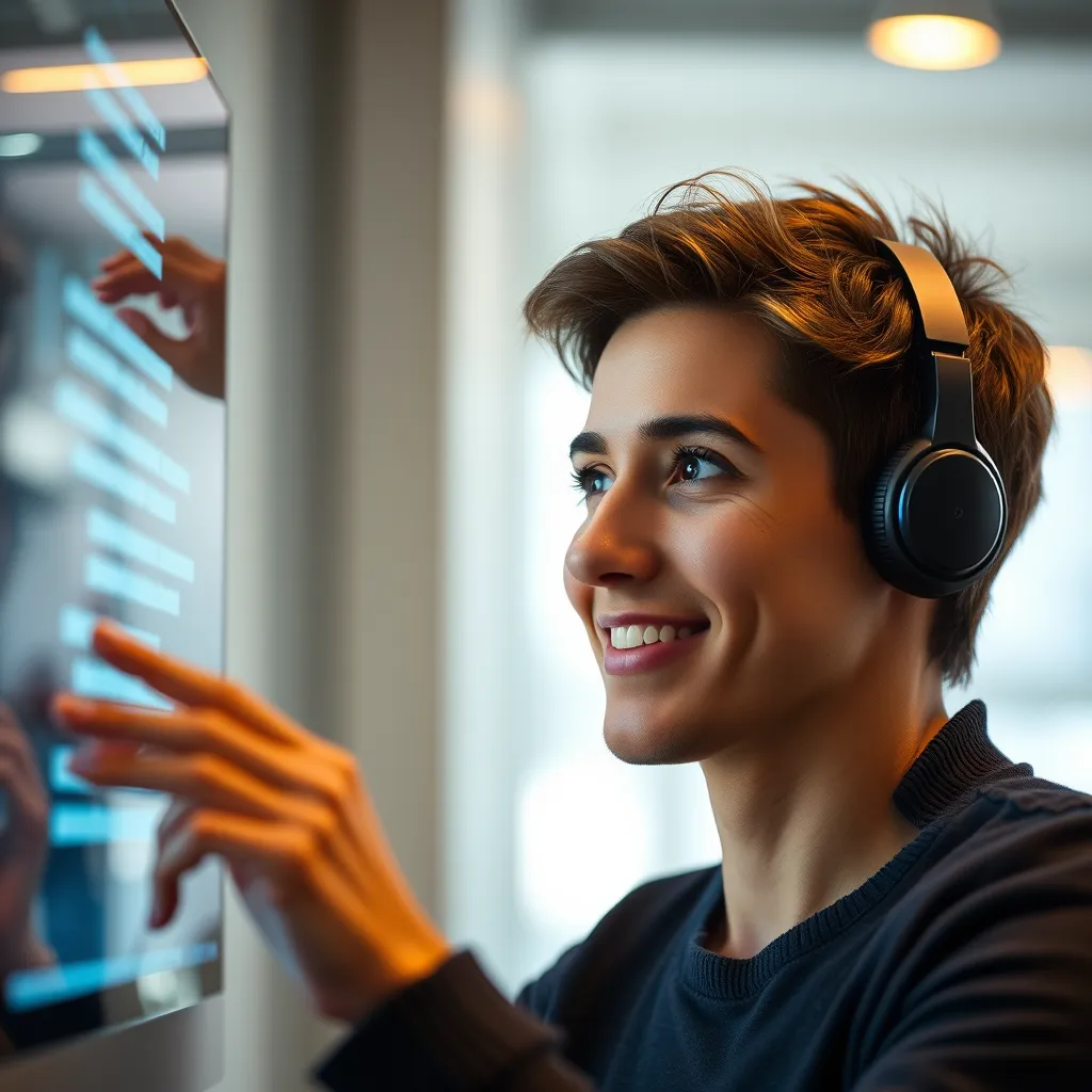 A close-up shot of a customer using a chatbot interface, with a series of quick, automated responses appearing on the screen. The customer should have a look of relief and satisfaction on their face, contrasting with the frustration of waiting for support in the past.