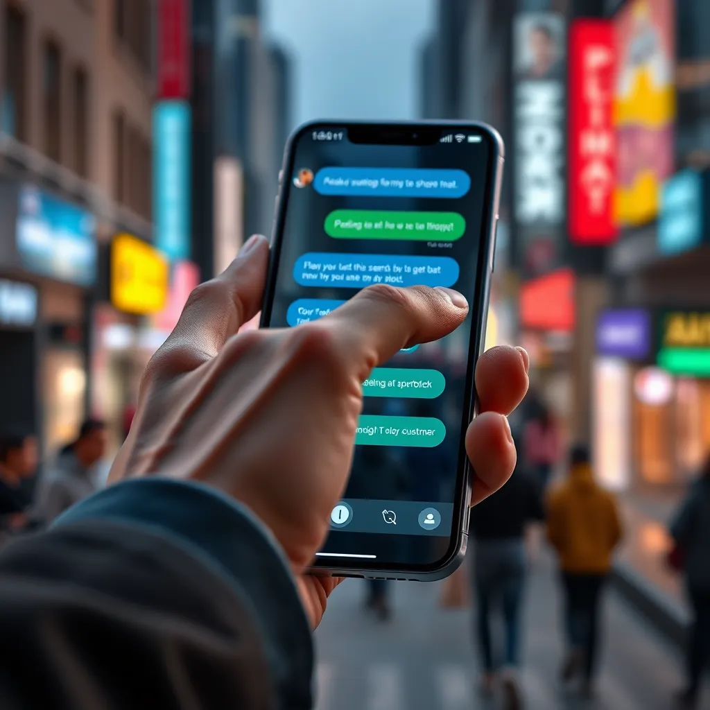 A close-up shot of a hand interacting with a smartphone screen. The screen displays a lively and engaging chatbot conversation with a customer. The phone should be sleek and modern, reflecting the latest technology. The background should be a blurred image of a bustling city street, representing the diverse and dynamic environment where the chatbot operates. The lighting should be bright and vibrant, highlighting the smartphone screen and the chatbot's responses. The color palette should be energetic and eye-catching, with a focus on bright blues and greens that symbolize the chatbot's accessibility and responsiveness. The camera angle should be slightly angled, providing a dynamic perspective on the phone screen and the customer's hand interaction. The image should be rendered in hyperrealistic quality, showcasing the intricate details of the smartphone and the dynamic conversation taking place on the screen.
