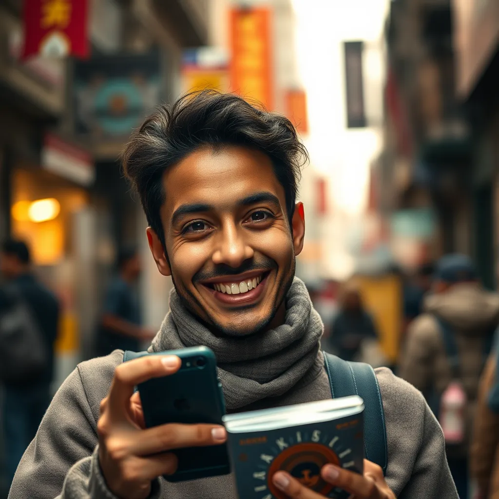 A close-up shot of a smiling customer holding a product, looking directly at the camera with genuine joy. The background should be a blurred image of a bustling city street, highlighting the customer's authentic experience. The scene should be warm and inviting, conveying a sense of community and connection.